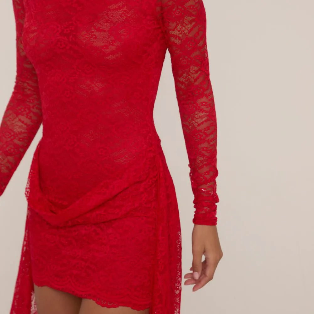 Minivestido Encaje Rojo Manga Larga Cuello Alto - Rovella